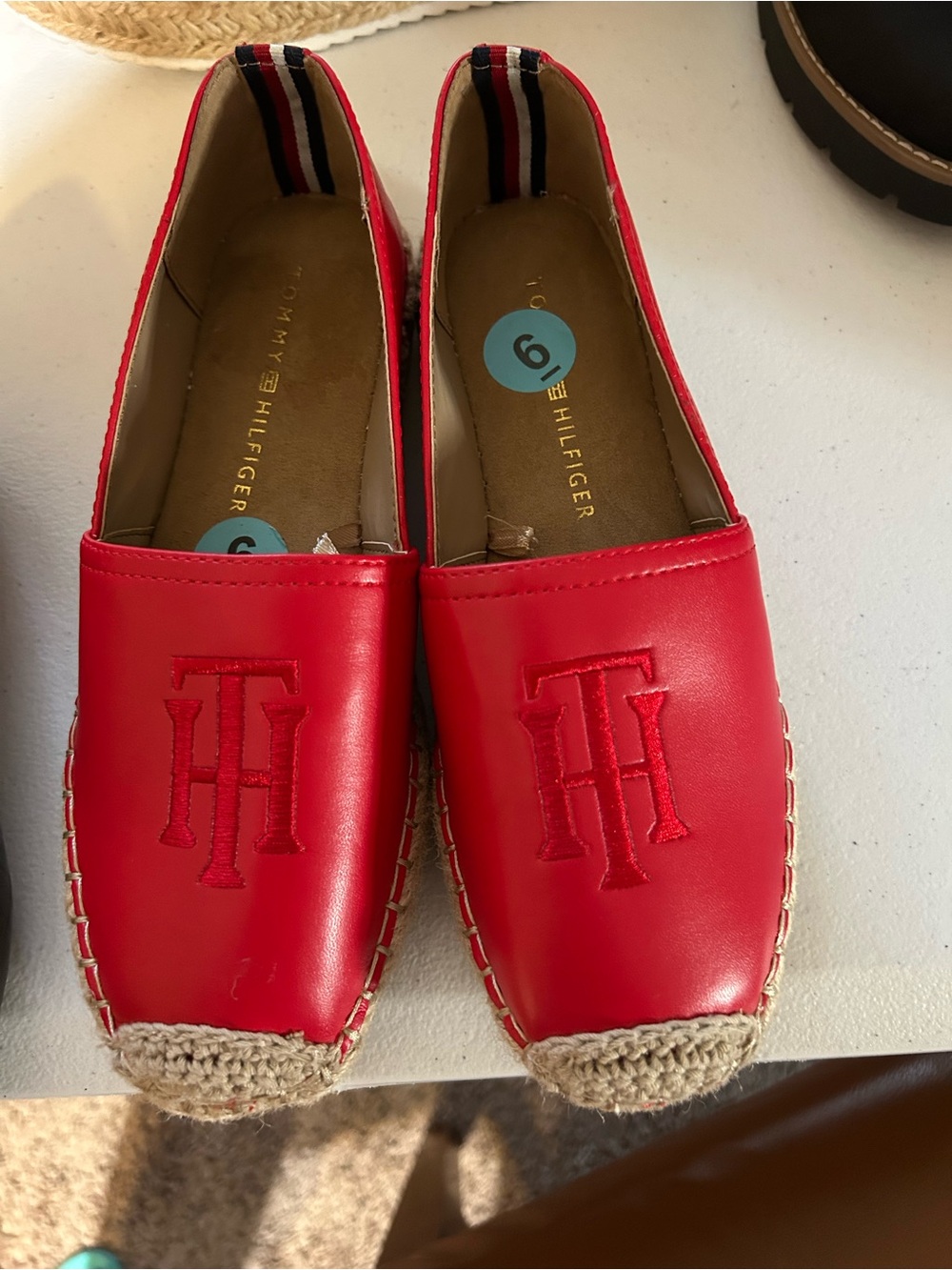 Tommy Hilfiger Red Leather Espadrille Flats with TH Monogram